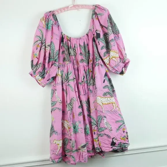 Darlington Isle Large Cayman Brac Dress Pink Babydoll Jungle Print Resort Cotton - Picture 10 of 10